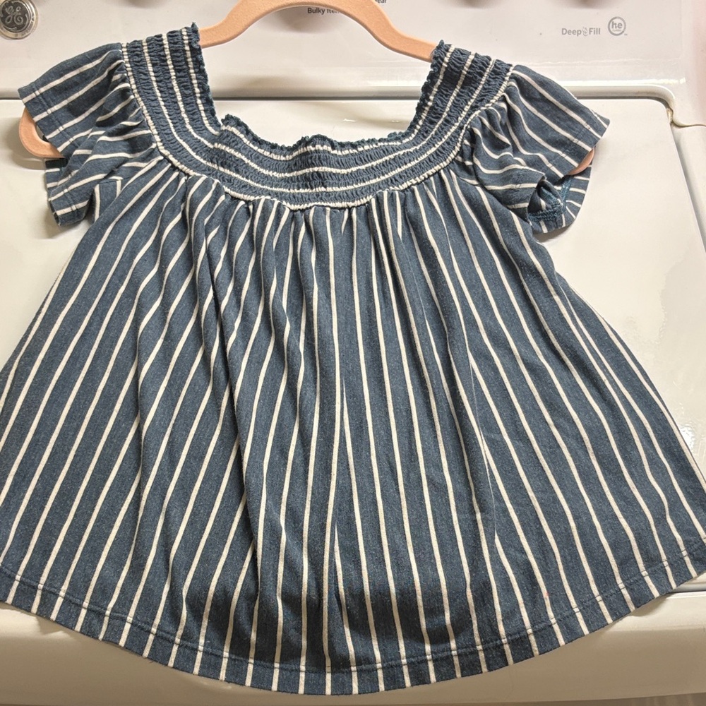 American Eagle Outfitters Blue & White Striped Off-Shoulder Top Small